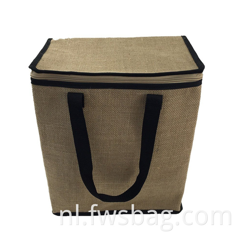 Eco -vriendelijke ritssluiting herbruikbaar aangepast logo geïsoleerde tote hessian jute koeler tas voor voedselfolie geïsoleerde tas